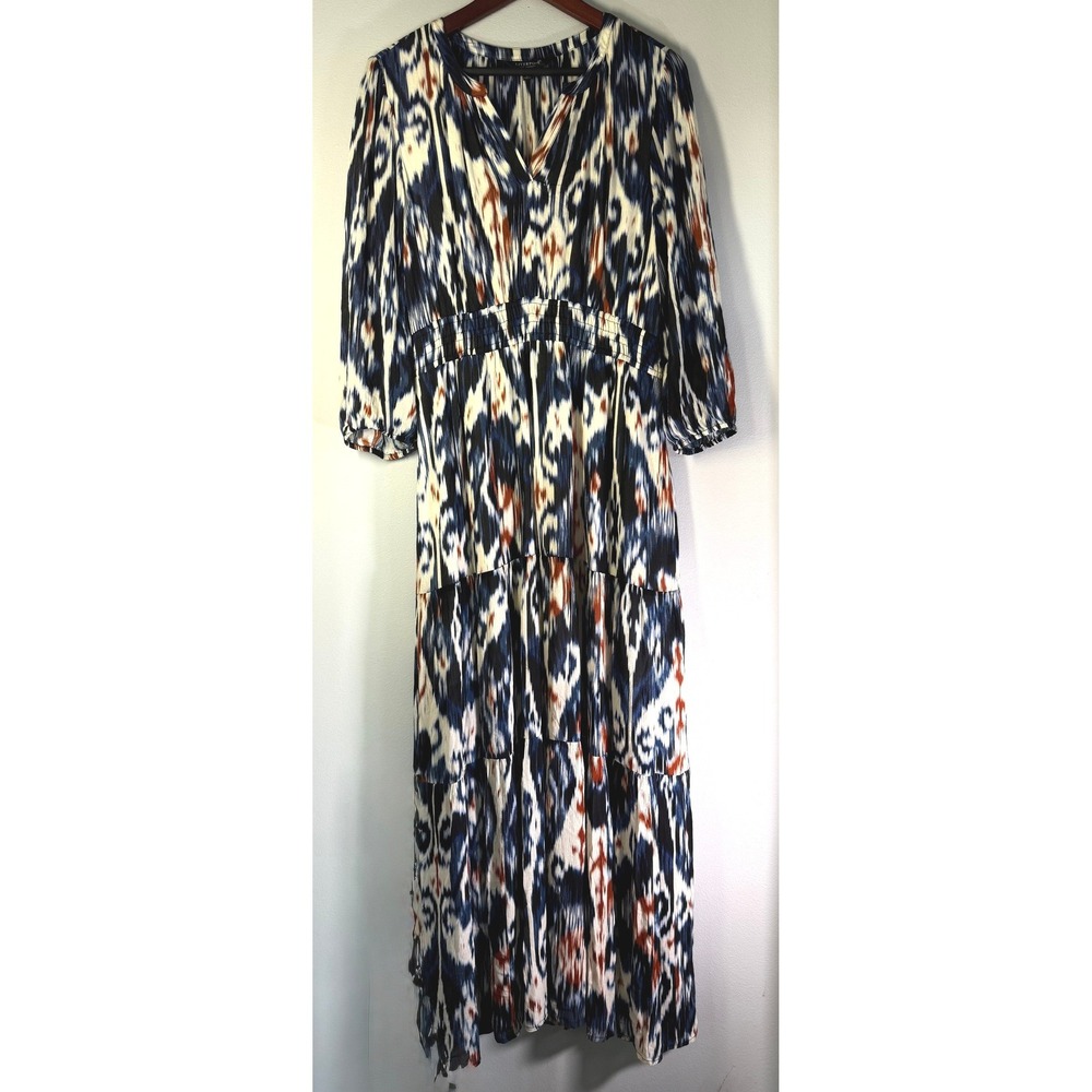 Liverpool Womens M Blue Ikat Print V-Neck Smocked Tiered Boho Chic Maxi Dress